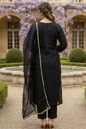 Black embroidered liva kurta trouser dupatta set