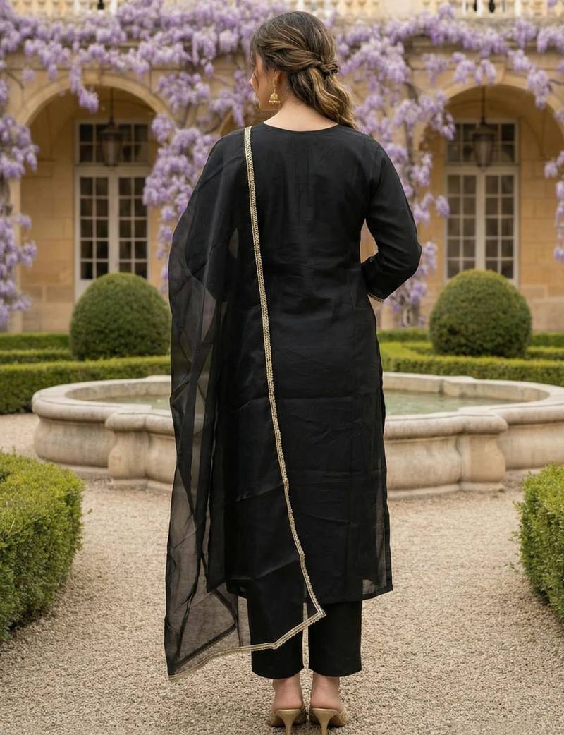 Black embroidered liva kurta trouser dupatta set