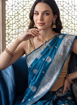 Peacock-blue katan silk woven saree with blouse 2