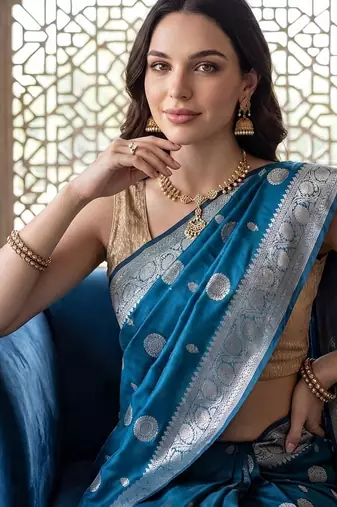 Peacock-blue katan silk woven saree with blouse