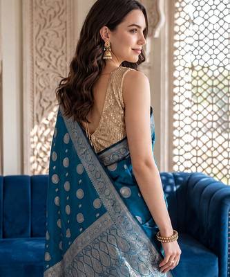 Peacock-blue katan silk woven saree with blouse 3
