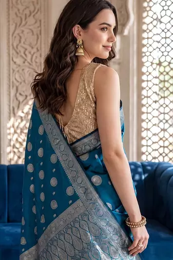 Peacock-blue katan silk woven saree with blouse