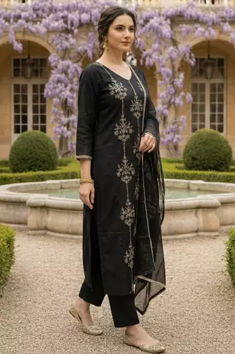 Black embroidered liva kurta trouser dupatta set