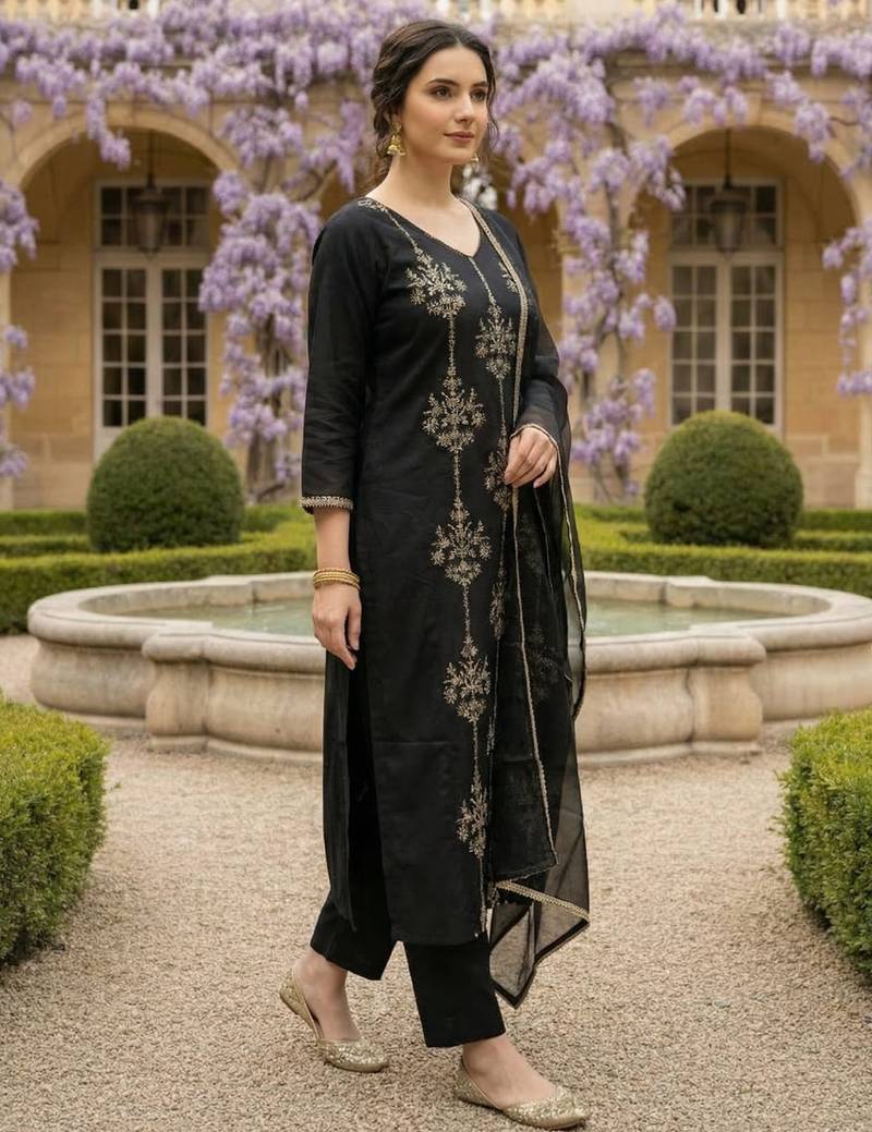 Black embroidered liva kurta trouser dupatta set
