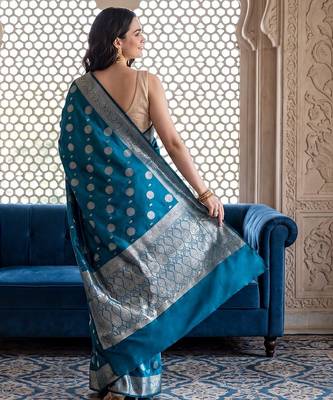Peacock-blue katan silk woven saree with blouse 4