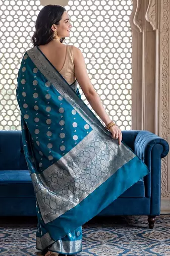 Peacock-blue katan silk woven saree with blouse