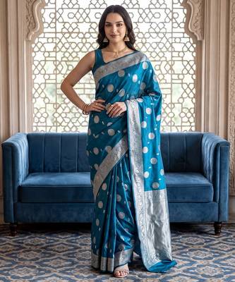 Peacock-blue katan silk woven saree with blouse 1