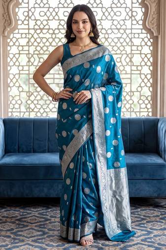 Peacock-blue katan silk woven saree with blouse