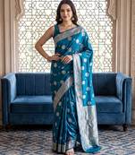 Peacock-blue katan silk woven saree with blouse