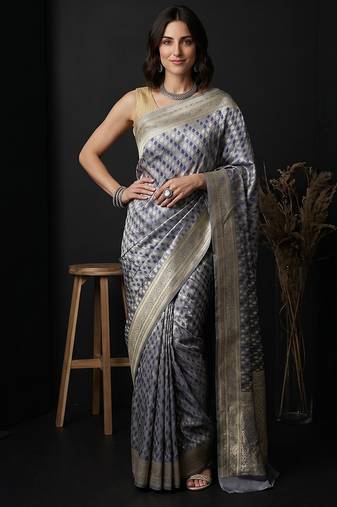 Grey satin woven saree with blouse