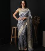 Grey satin woven saree with blouse