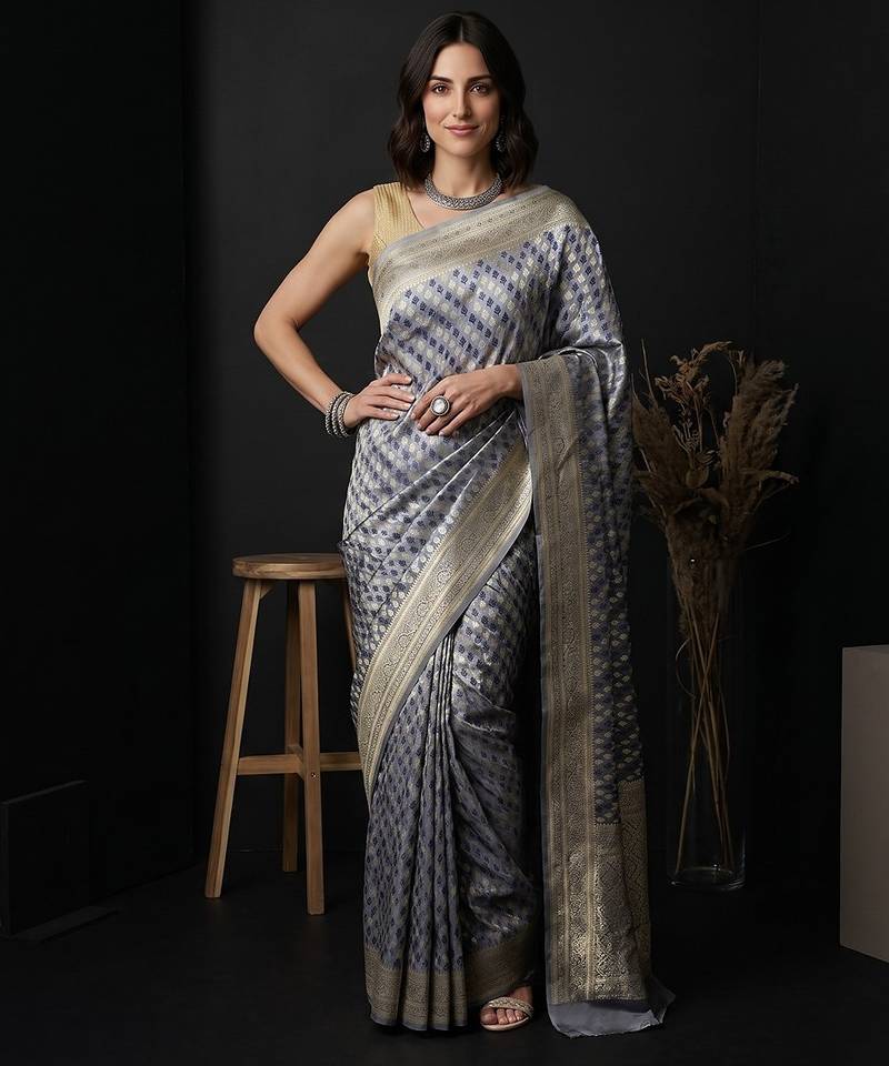 Grey satin woven saree with blouse