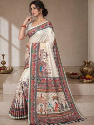 Cream printed tussar sarees with blouse piece 1