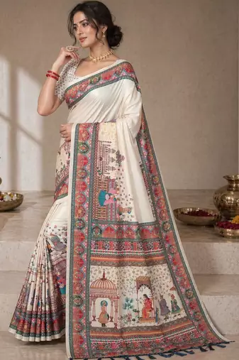 Cream printed tussar sarees with blouse piece