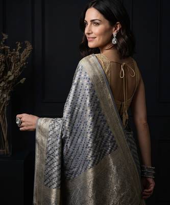 Grey satin woven saree with blouse 4