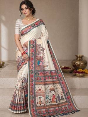 Cream printed tussar sarees with blouse piece 2