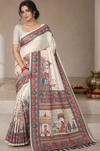 Cream printed tussar sarees with blouse piece