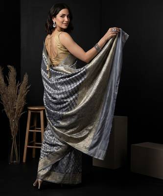 Grey satin woven saree with blouse 5