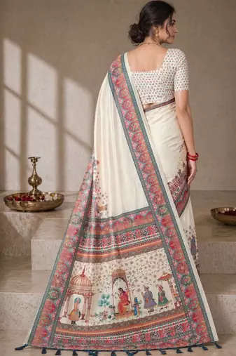 Cream printed tussar sarees with blouse piece