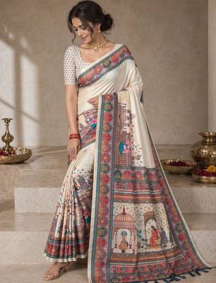 Cream printed tussar sarees with blouse piece 4