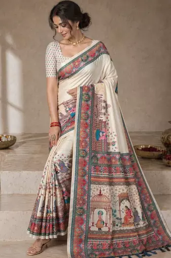 Cream printed tussar sarees with blouse piece