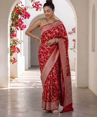 Red khadi woven saree with blouse 1