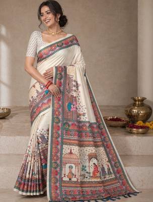 Cream printed tussar sarees with blouse piece 5