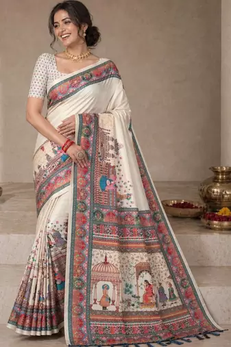 Cream printed tussar sarees with blouse piece