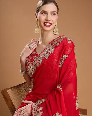 Red embellished embroidered organza border saree with stitched blouse 1