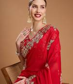 Red embellished embroidered organza border saree with stitched blouse