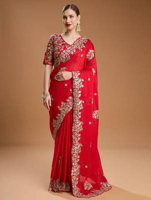 Red embellished embroidered organza border saree with stitched blouse 2