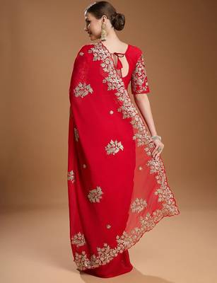 Red embellished embroidered organza border saree with stitched blouse 4