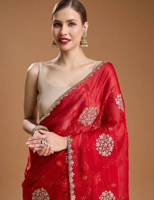 Red embellished zari art silk border saree with unstiched blouse 1
