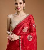 Red embellished zari art silk border saree with unstiched blouse