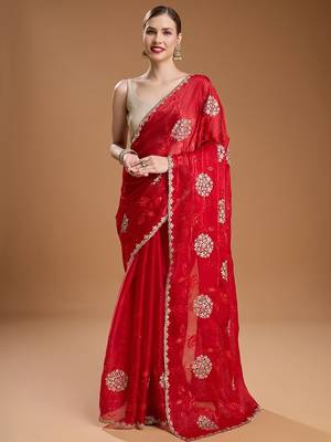 Red embellished zari art silk border saree with unstiched blouse 2