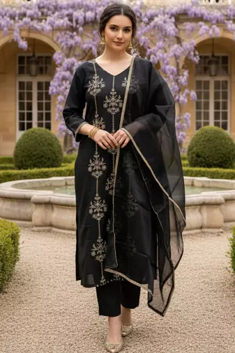 Black embroidered liva kurta trouser dupatta set