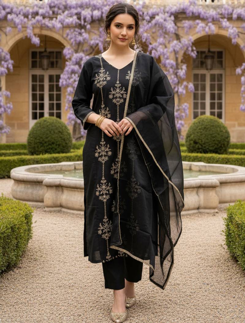 Black embroidered liva kurta trouser dupatta set