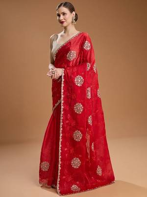 Red embellished zari art silk border saree with unstiched blouse 3
