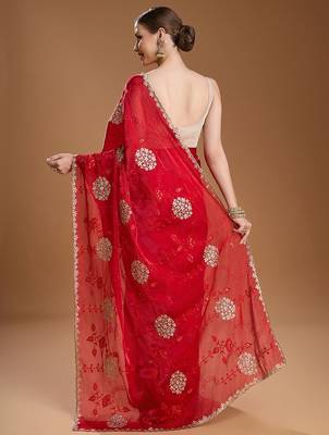 Red embellished zari art silk border saree with unstiched blouse 4