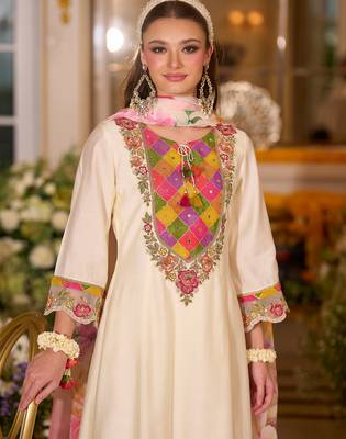 White embroidered silk blend kurta trouser dupatta set 1