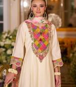 White embroidered silk blend kurta trouser dupatta set