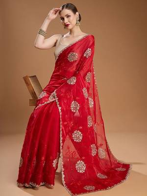 Red embellished zari art silk border saree with unstiched blouse 5