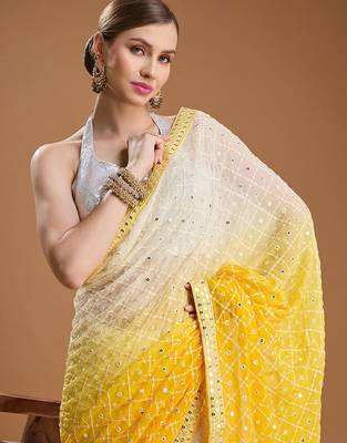 Yellow ombre sequinned pure georgette border saree with unstiched blouse 1