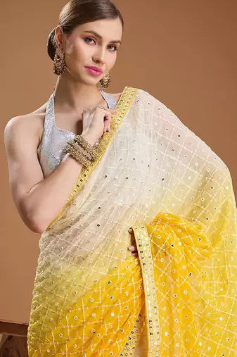 Yellow ombre sequinned pure georgette border saree with unstiched blouse