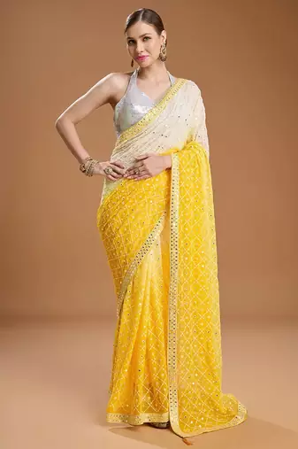 Yellow ombre sequinned pure georgette border saree with unstiched blouse