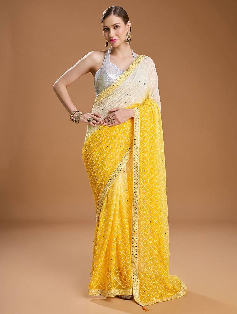 Yellow ombre sequinned pure georgette border saree with unstiched blouse
