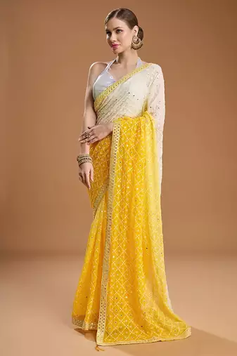 Yellow ombre sequinned pure georgette border saree with unstiched blouse