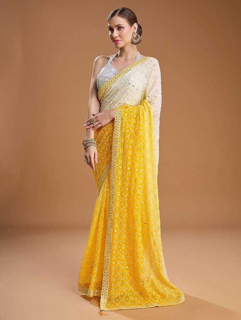 Yellow ombre sequinned pure georgette border saree with unstiched blouse