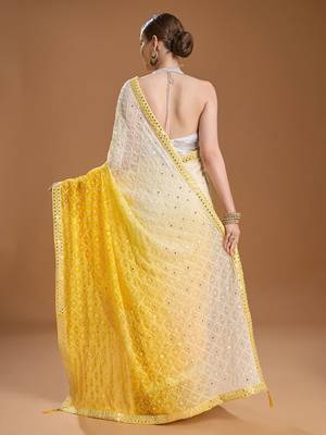 Yellow ombre sequinned pure georgette border saree with unstiched blouse 4