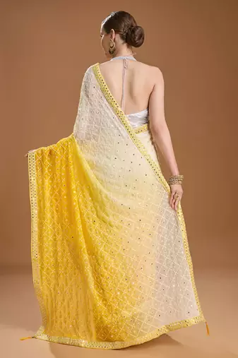 Yellow ombre sequinned pure georgette border saree with unstiched blouse